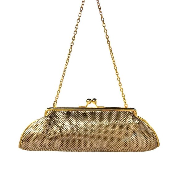Whiting & Davis Gold Tone Chainmail Mesh Kiss Lock Evening Bag Vintage - Picture 1 of 10
